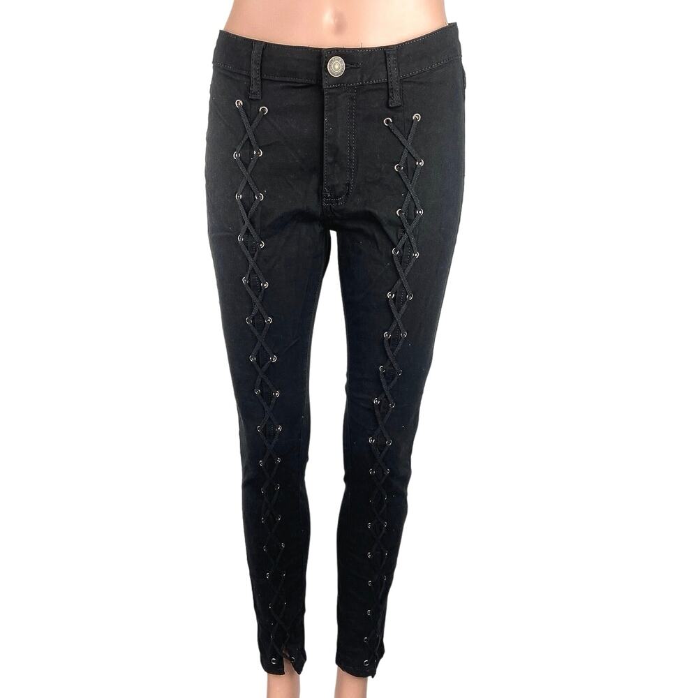NEW Machine Black Cotton Mid Rise Lace Up Criss Cross Ankle Skinny Jeans Size 29